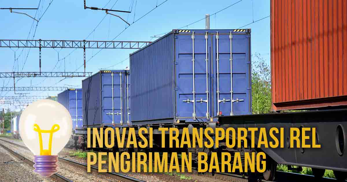 Kereta barang dengan kontainer biru dan merah dan bohlam lampu yang menandakan inovasi dalam transportasi rel untuk pengiriman barang