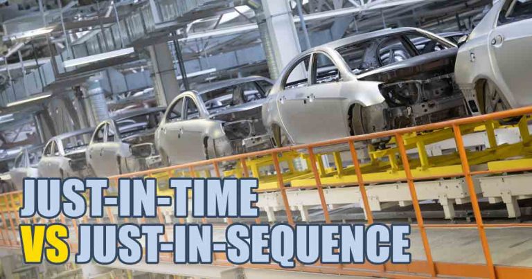 Gambar produksi otomotif yang menunjukkan dua strategi logistik: Just-In-Time dan Just-In-Sequence.