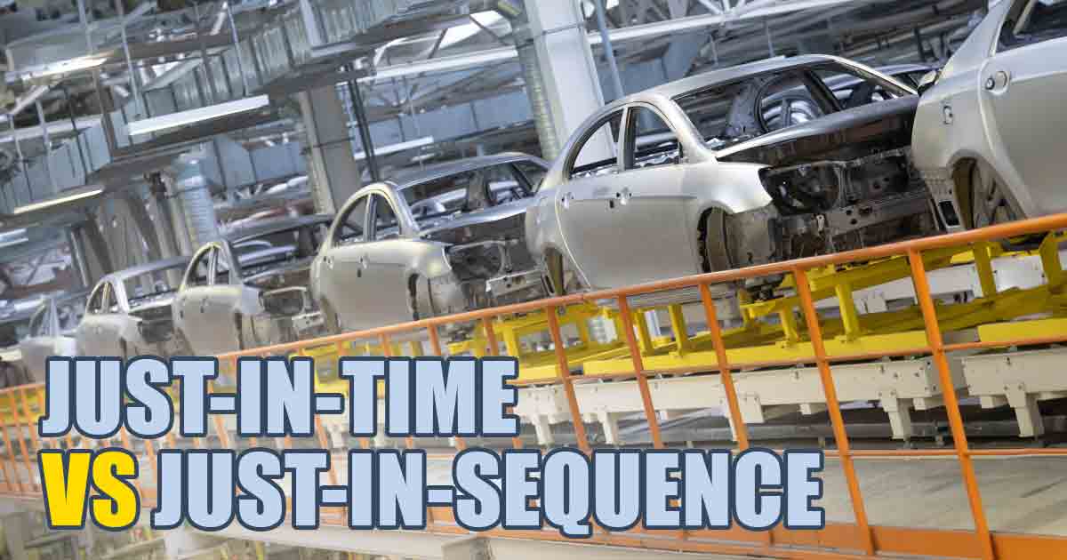 Gambar produksi otomotif yang menunjukkan dua strategi logistik: Just-In-Time dan Just-In-Sequence.