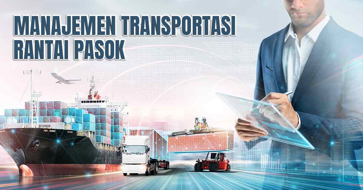 Seorang pria berjas menggunakan tablet dengan latar belakang truk, kapal kontainer, dan pesawat, simbol manajemen transportasi rantai pasok.