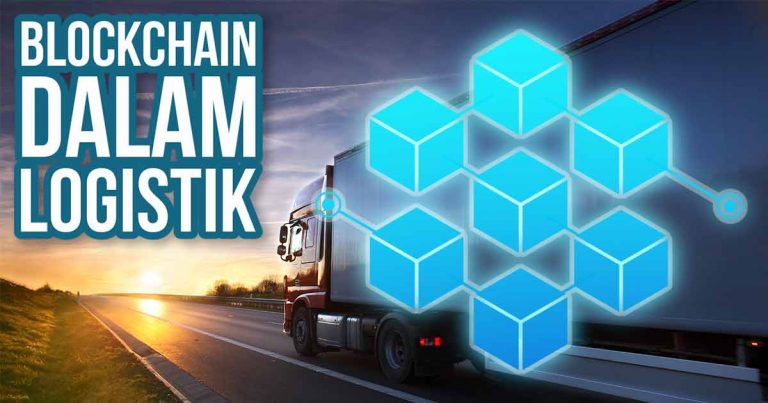 Gambar truk di jalan raya dengan ikon blockchain yang menerangi, simbol transparansi dalam logistik.