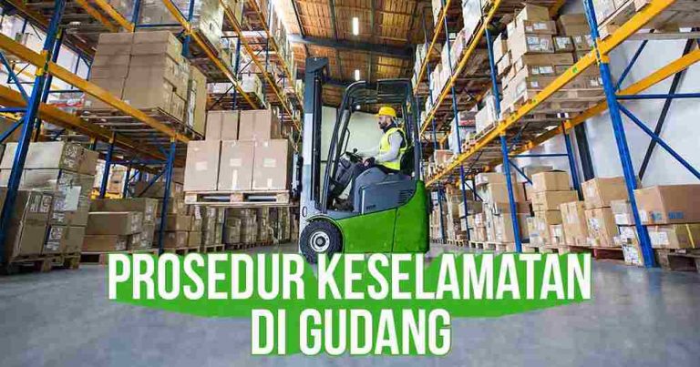 Operator forklift mengangkat palet di gudang dengan teks 'Prosedur Keselamatan di Gudang'.