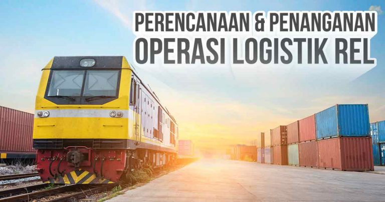 Kereta api bewarna kuning sedang melintasi gudang kargo