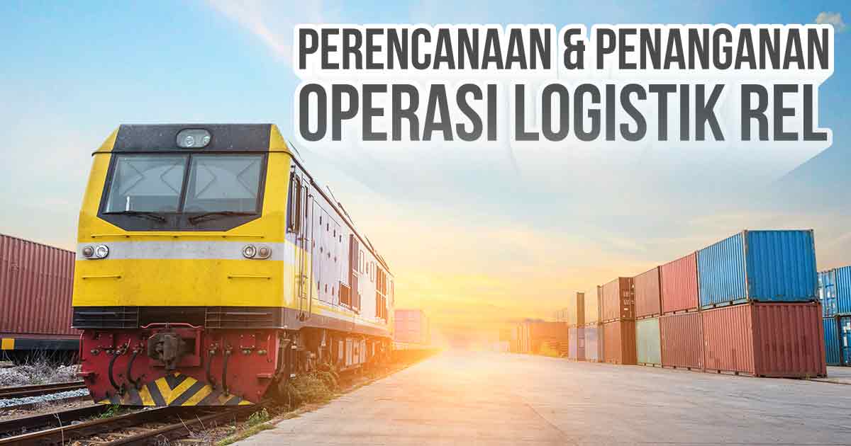 Kereta api bewarna kuning sedang melintasi gudang kargo