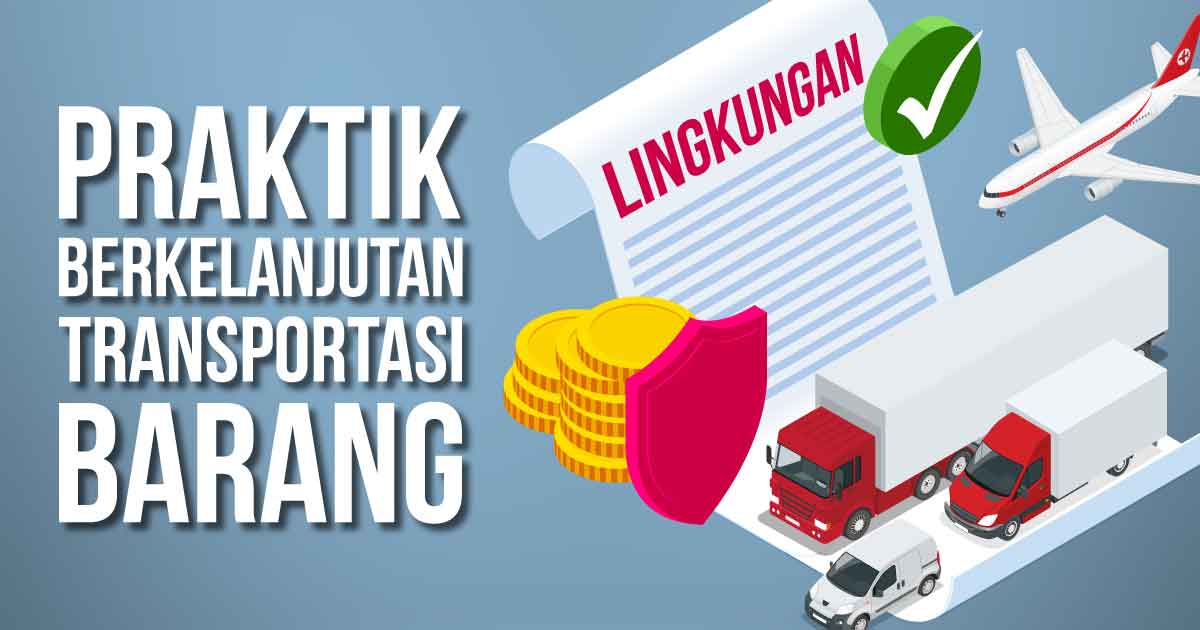 Ilustrasi truk dan pesawat dengan lembaran kertas bertulisan lingkungan