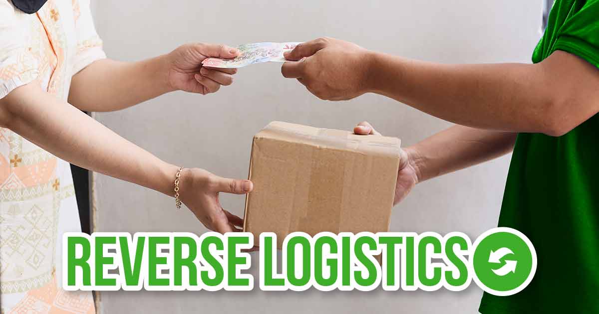 Konsep reverse logistics dengan dua orang bertukar paket.