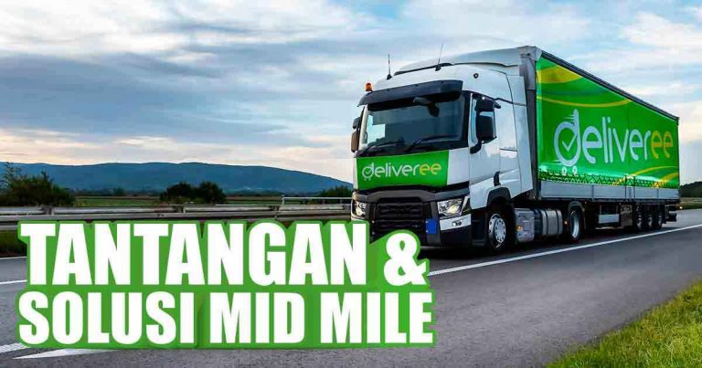 Ilustrasi Truk Deliveree di Jalan dengan tulisan Tantangan Solusi Mid Mile