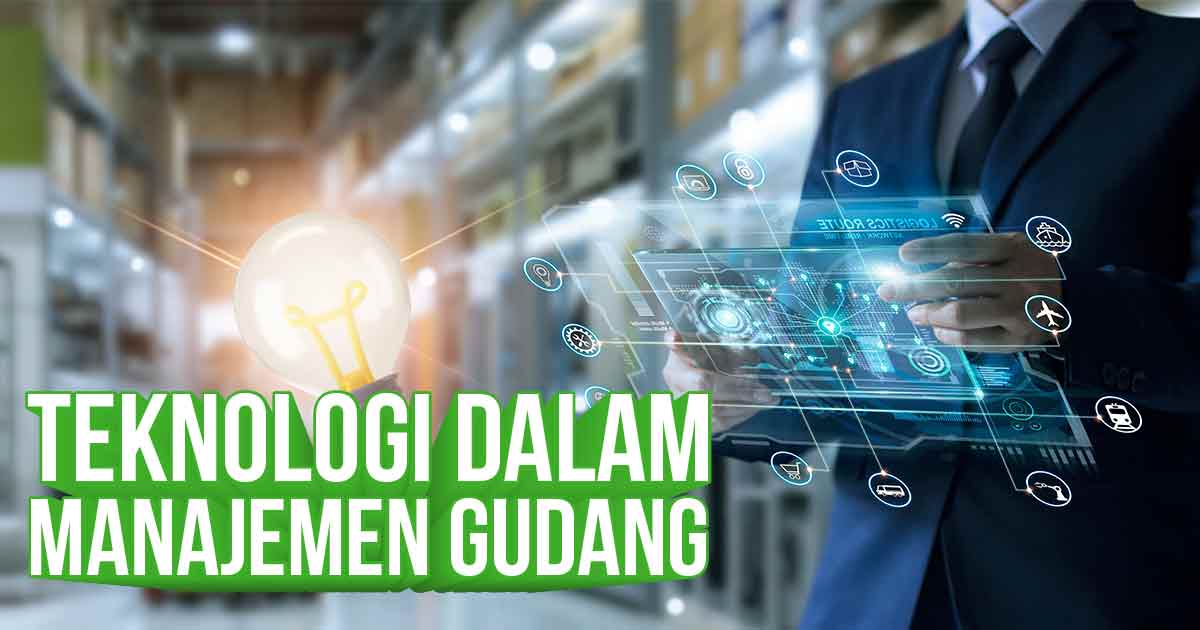 Ilustrasi teknologi canggih dalam manajemen gudang dengan ikon digital interaktif.