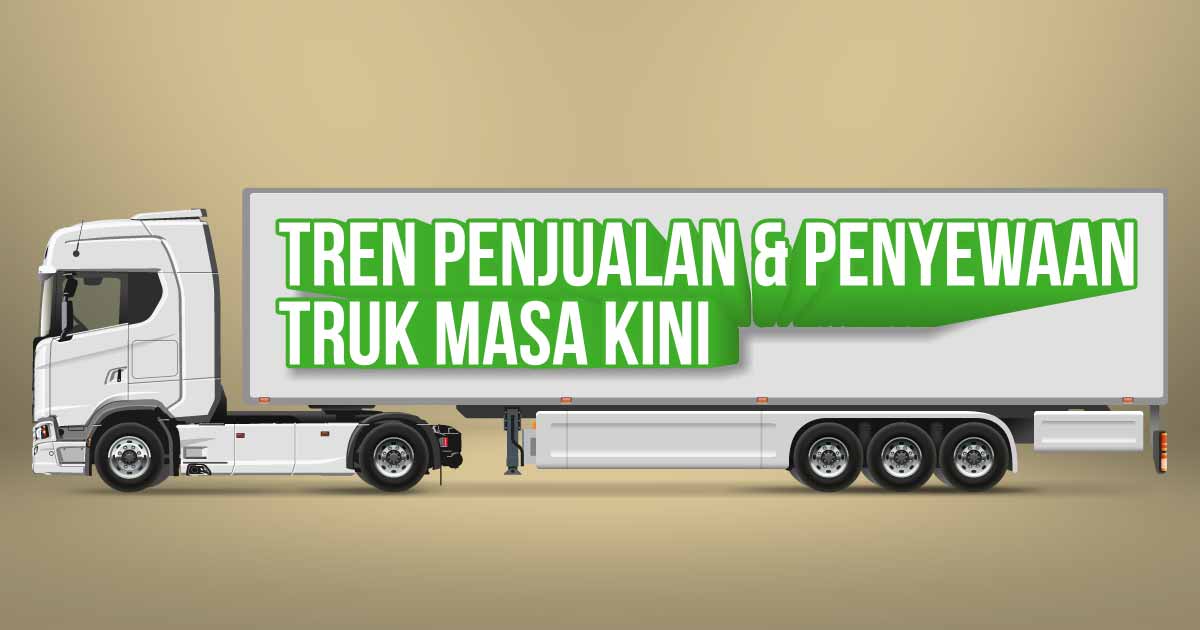 Ilustrasi truk bewarna putih hijau dengan latar belakang coklat