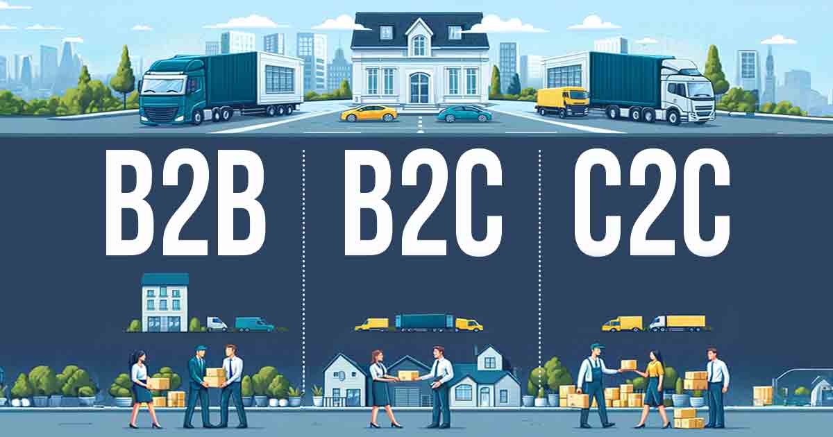 Ilustrasi membagi jalan menjadi tiga bagian dengan label 'B2B', 'B2C', dan 'C2C'. Di bagian 'B2B', ada truk besar dan pekerja memindahkan barang. Di 'B2C', terlihat rumah dan mobil. Di 'C2C', individu bertukar paket di lingkungan perkotaan.