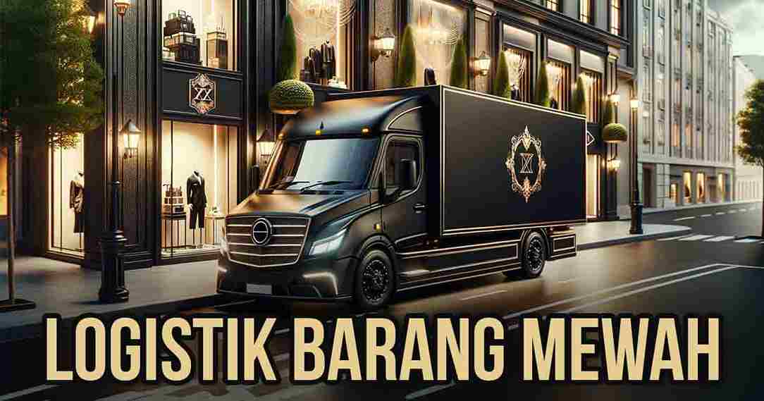 Truk pengangkut barang mewah berwarna hitam yang elegan terparkir di jalan depan toko-toko ritel mewah pada waktu senja, dengan tulisan 'LOGISTIK BARANG MEWAH' yang terang benderang menandakan logistik barang-barang mewah.