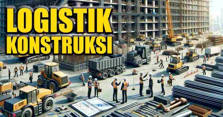 Situs konstruksi dengan pekerja, alat berat, dan truk pengiriman, serta tumpukan bahan bangunan, dengan teks 'LOGISTIK UNTUK KONSTRUKSI' di bagian atas gambar.