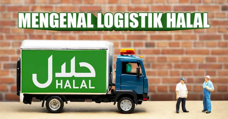 Miniatur truk pengiriman dengan logo halal di sisi, ditemani oleh dua figur miniatur pekerja yang berdiri di depannya, dengan teks 'MENGENAL LOGISTIK HALAL' di atas.