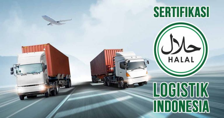 Truk-truk pengiriman dengan kontainer bergerak cepat di jalan raya dengan latar belakang pesawat terbang, dan logo halal dengan teks 'SERTIFIKASI LOGISTIK INDONESIA' di sampingnya.