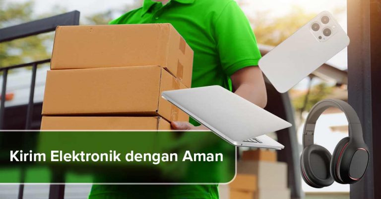 Kurir mengirimkan kotak paket dengan gambar produk elektronik seperti laptop, ponsel, dan headphone, serta teks "Kirim Elektronik dengan Aman".