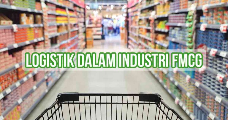 Keranjang belanja di sebuah lorong toko yang penuh dengan produk, dengan tulisan "Logistik dalam Industri FMCG" di tengah gambar.