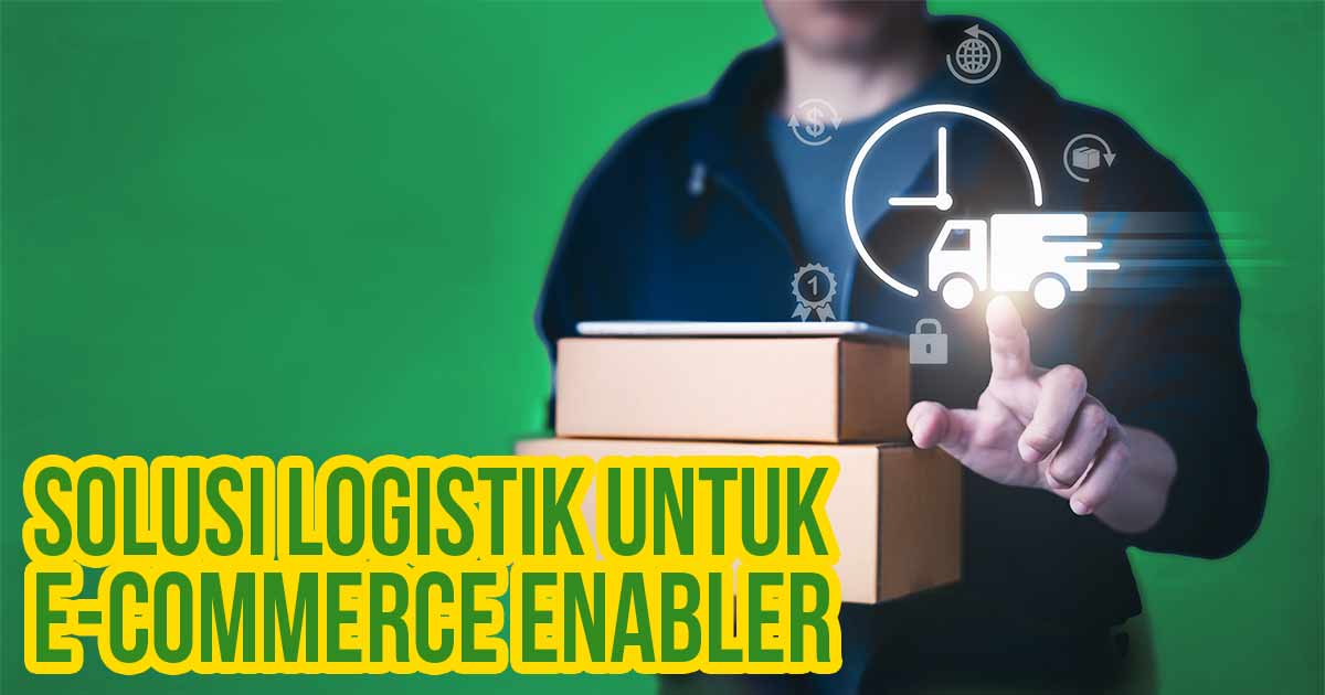 "Ilustrasi solusi logistik dengan pria menunjuk ikon pengiriman barang.