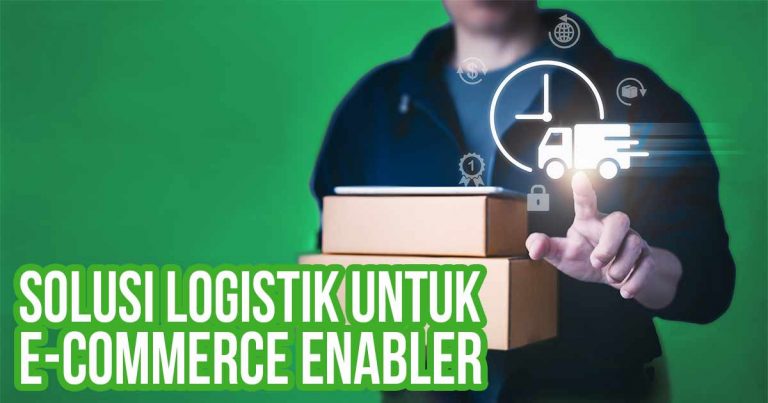 Ilustrasi solusi logistik dengan pria menunjuk ikon pengiriman barang.