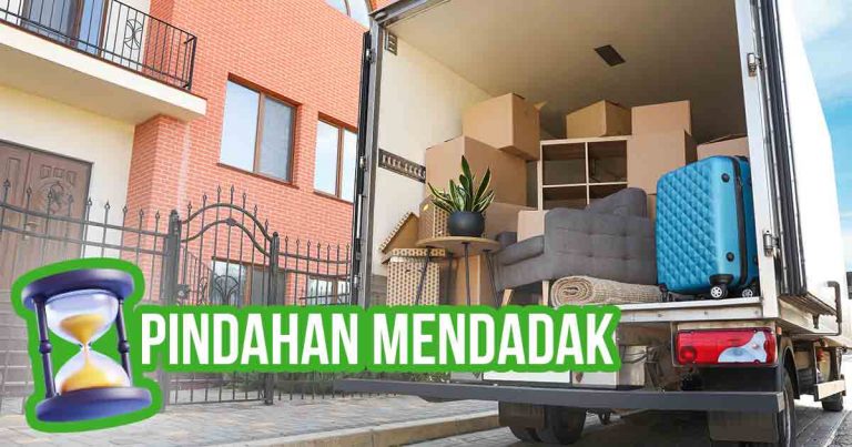 Truk pindahan dengan barang-barang rumah tangga di belakangnya, siap untuk pindahan mendadak.