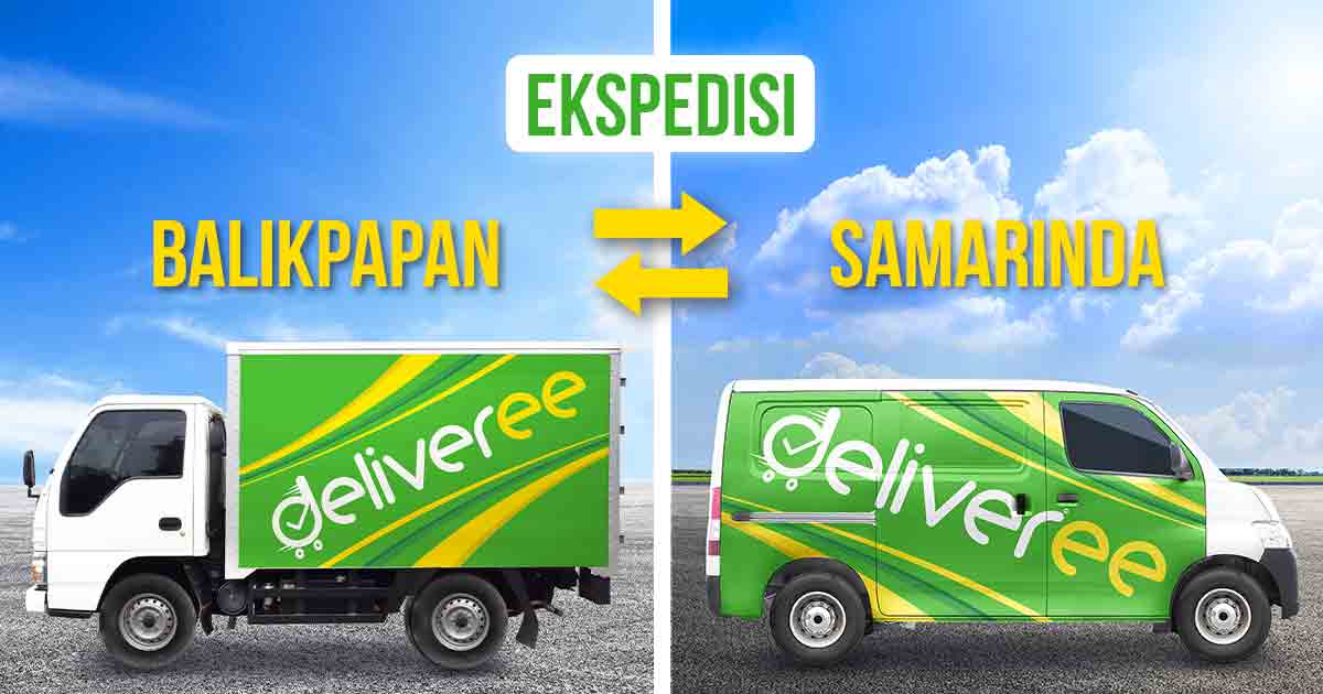 Potongan mobil truk dan van berstiker Deliveree dengan tulisan “Ekspedisi Balikpapan Samarinda” di atasnya.