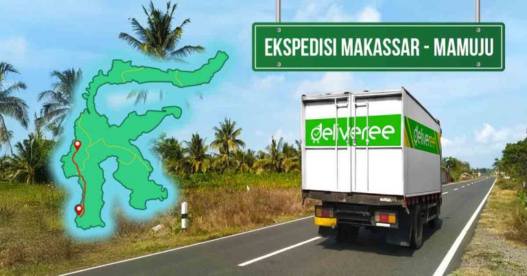 Truk Deliveree melaju di jalan dengan latar belakang pemandangan alam, terdapat peta Sulawesi yang menunjukkan rute pengiriman Makassar-Mamuju, serta papan penunjuk arah bertuliskan 'Ekspedisi Makassar - Mamuju'.