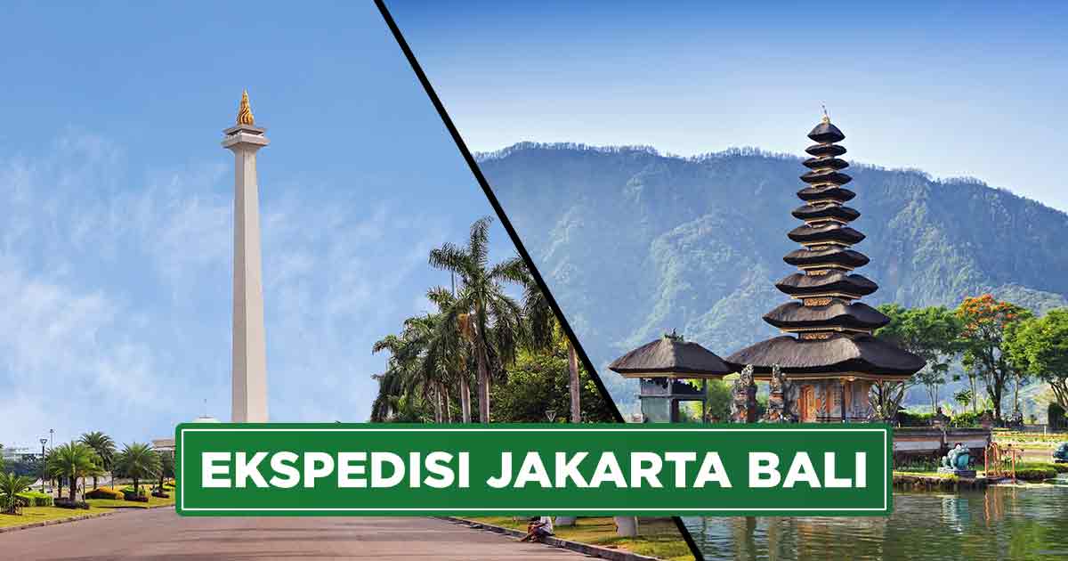 Gambar Monumen Nasional (Monas) di Jakarta dan Pura Ulun Danu di Bali dengan teks "Ekspedisi Jakarta Bali"