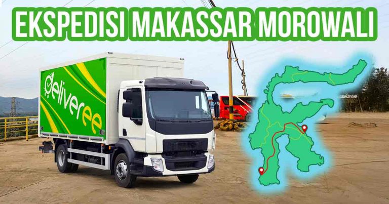 Tampak samping truk berstiker Deliveree dengan teks dan peta Ekspedisi Makassar Morowali.