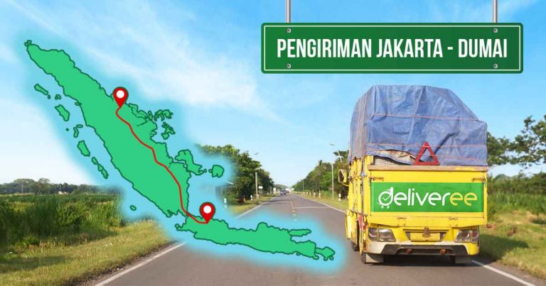 Truk Deliveree berwarna kuning melaju di jalan dengan peta pengiriman dari Jakarta ke Dumai dan papan nama 'Pengiriman Jakarta - Dumai'.