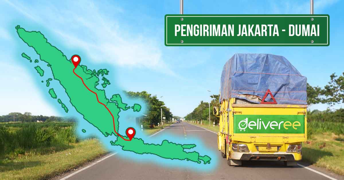 Truk Deliveree berwarna kuning melaju di jalan dengan peta pengiriman dari Jakarta ke Dumai dan papan nama 'Pengiriman Jakarta - Dumai'.