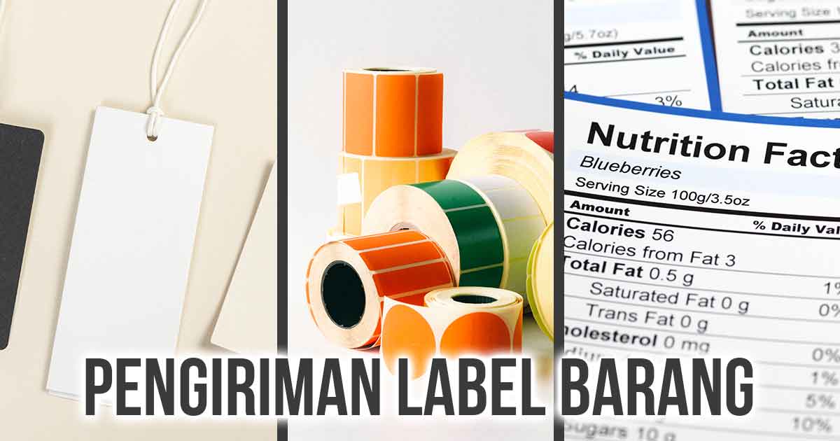 Berbagai jenis label, termasuk label gantung kosong, gulungan label berwarna, dan label fakta nutrisi dengan teks "Pengiriman Label Barang."