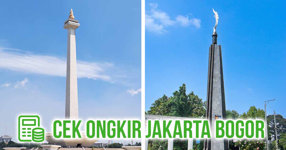 Monumen Monas di Jakarta, Monumen Kujang di Bogor, serta gambar kalkulator untuk memberi konteks “Cek Ongkir Jakarta Bogor”.