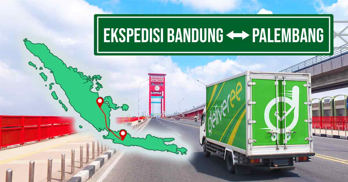 Truk berstiker Deliveree melintas di Jembatan Ampera Palembang dan peta rute Bandung - Palembang untuk konteks ekspedisi Bandung Palembang.