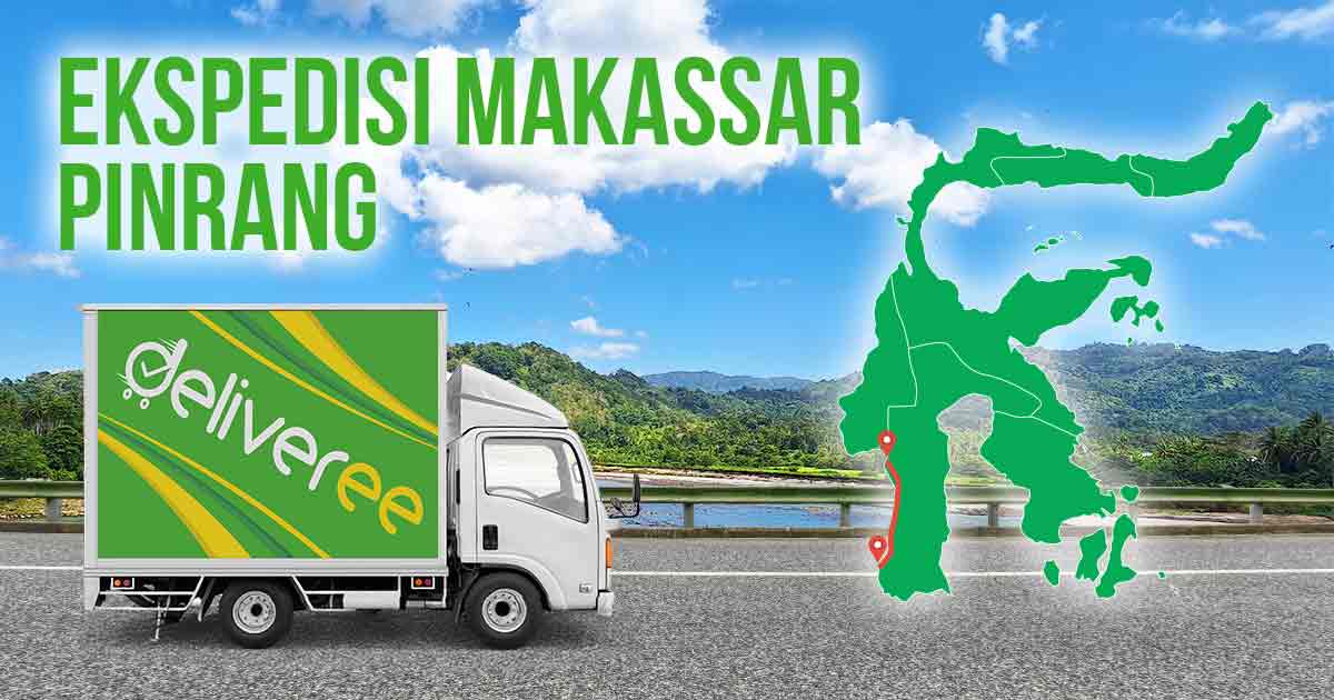 Truk berstiker Deliveree di jalan, gambar peta rute Makassar Pinrang di sampingnya, serta teks “Ekspedisi Makassar Pinrang.”