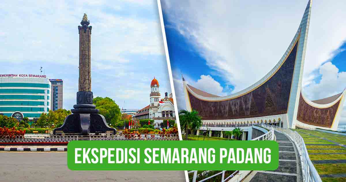 Gambar Tugu Muda Semarang dan Masjid Raya Syekh Ahmad Khatib Al-Minangkabawi di Padang sebagai konteks untuk “Ekspedisi Semarang Padang”.