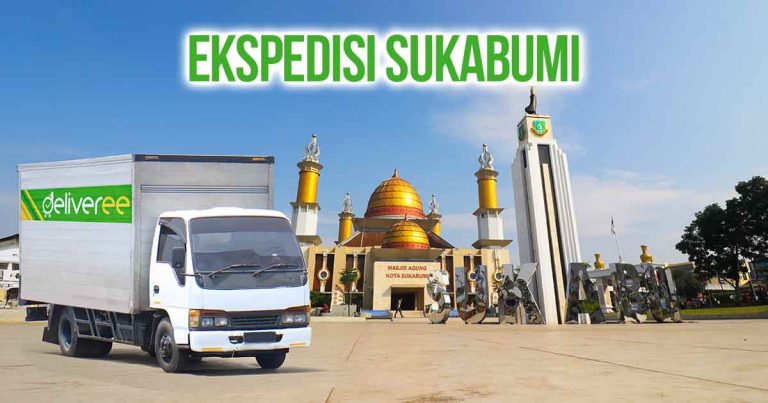 Truk berstiker Deliveree berlatar belakang Masjid Agung Sukabumi dengan teks “Ekspedisi Sukabumi.”