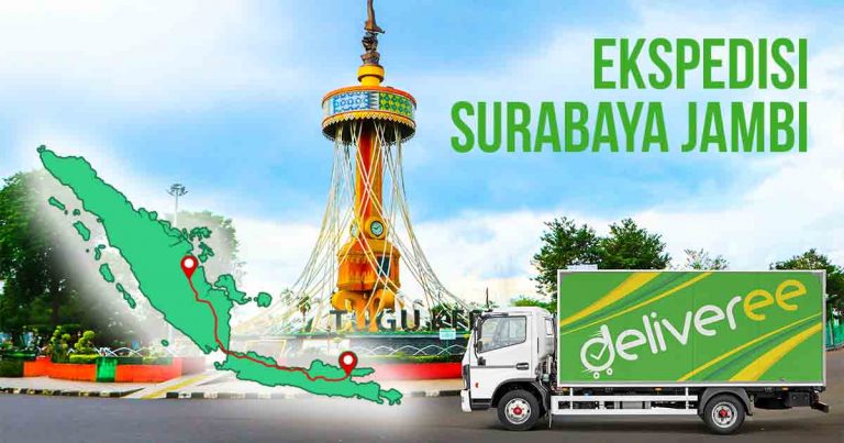 Truk berstiker Deliveree melintas di depan Tugu Keris Siginjai di Jambi dengan peta rute Surabaya Jambi di sampingnya untuk konteks “Ekspedisi Surabaya Jambi”