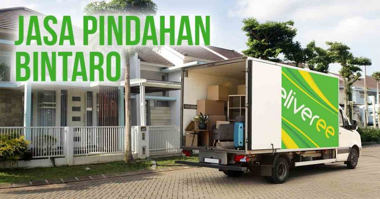 Truk berstiker Deliveree berisi barang pindahan rumah dengan latar belakang perumahan untuk konteks “Jasa Pindahan Rumah Bintaro.”