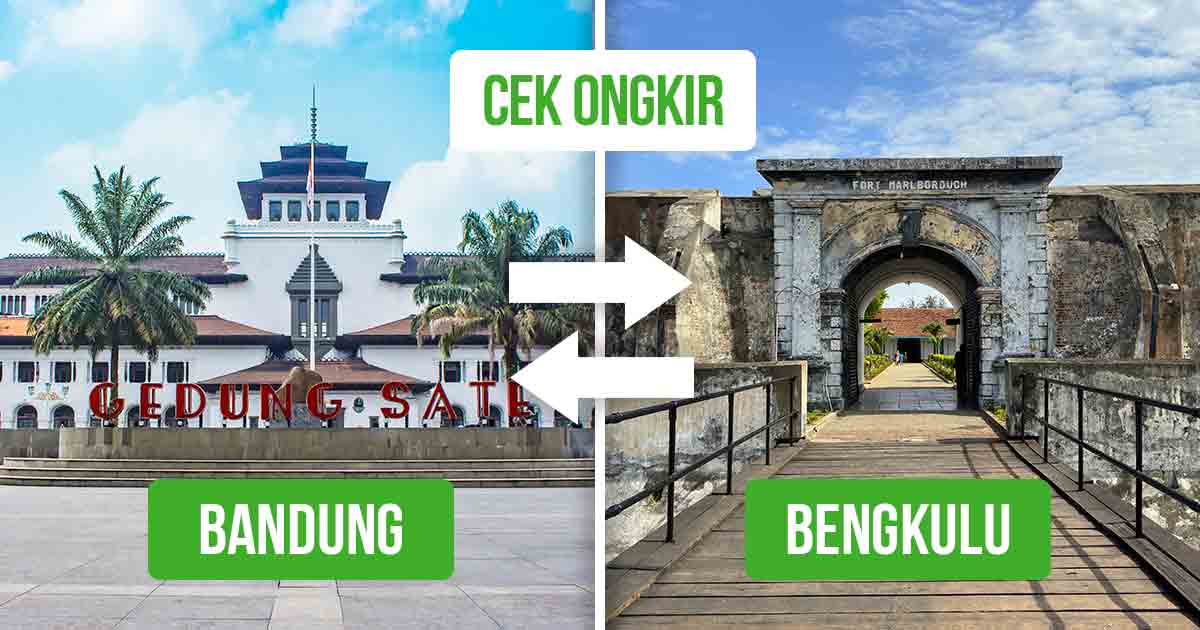 Gedung Sate di Bandung dan Fort Marlborough di Bengkulu sebagai konteks “Ongkir Bandung ke Bengkulu” maupun rute sebaliknya.