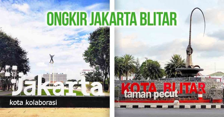 Landmark ikonik Jakarta Kota Kolaborasi di kiri dan Taman Pecut Blitar di kanan, dengan teks 'Ongkir Jakarta Blitar' untuk mewakili rute pengiriman antara kedua kota.