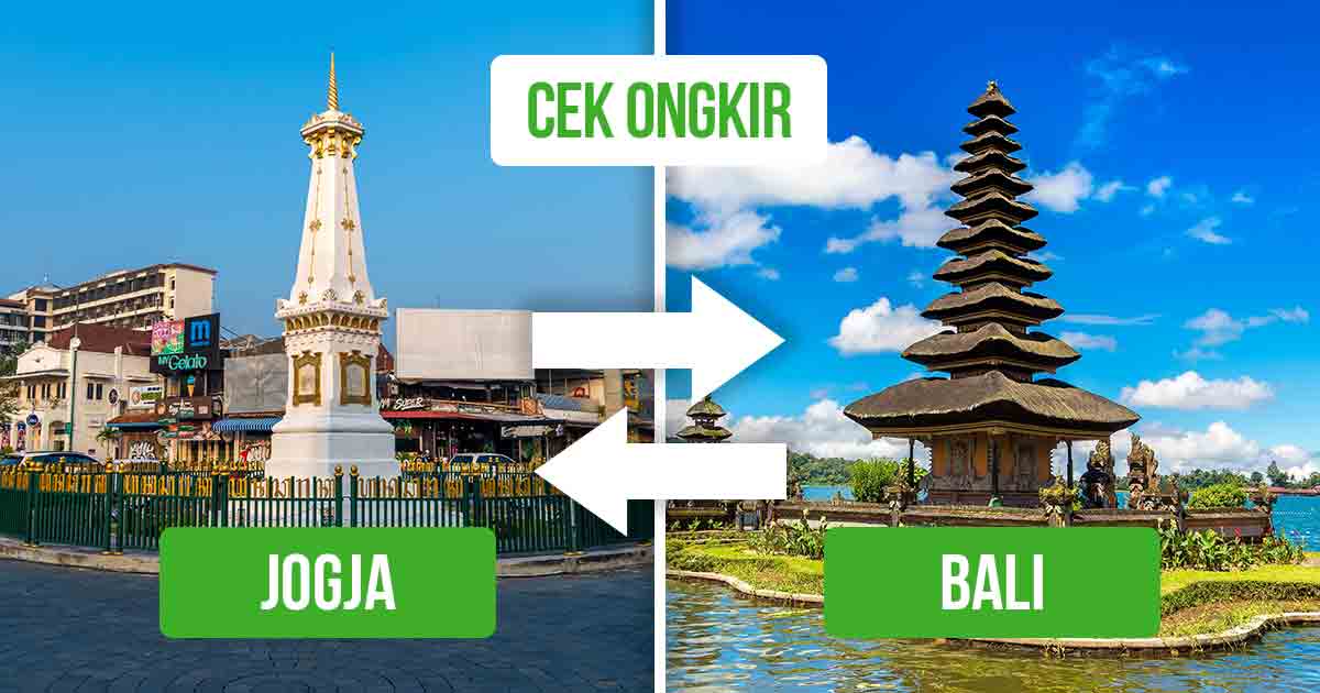 Gambar Tugu Yogyakarta di kiri dan Pura Ulun Danu Beratan di kanan dengan teks “Ongkir Jogja Bali dan Sebaliknya.”