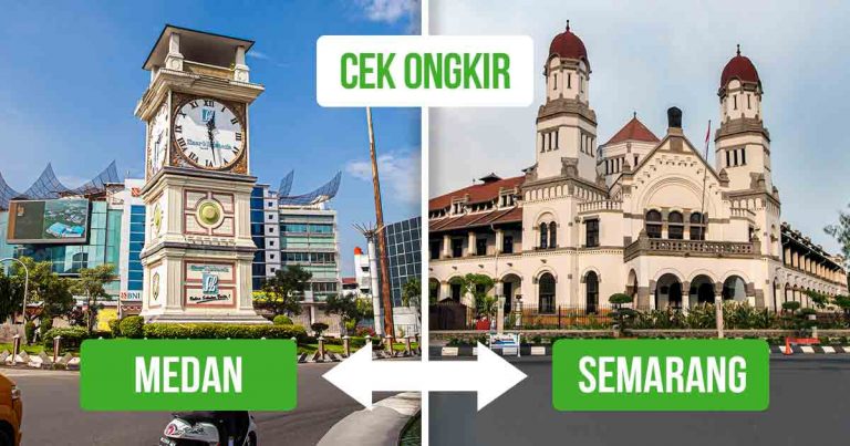 Tugu Harian Sinar Indonesia Baru di Medan dan Gedung Lawang Sewu di Semarang untuk konteks “ongkir Medan ke Semarang” dan “ongkir Semarang ke Medan.”