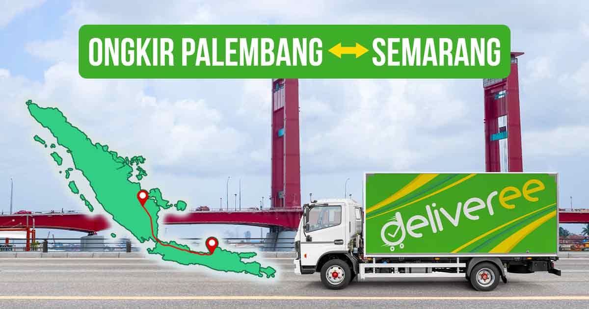 Truk Deliveree dengan latar belakang jembatan Ampera di Palembang dan peta rute Palembang - Semarang sebagai konteks ongkir Palembang Semarang.