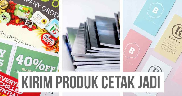 Beragam produk cetak jadi, seperti brosur, majalah, dan kartu nama. Dengan konteks "Kirim Produk Cetak Jadi."