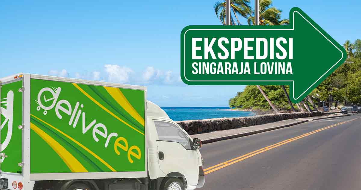 Gambar menunjukkan truk Deliveree di jalan dekat pantai dengan tanda yang mengarah ke "Ekspedisi Singaraja Lovina."