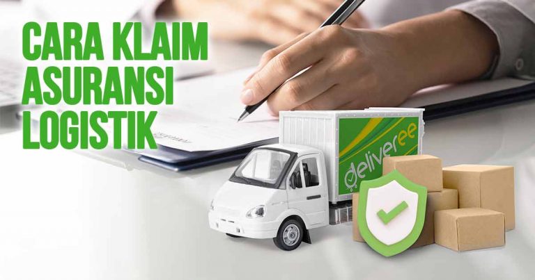 Seseorang mengisi dokumen asuransi logistik yang diilustrasikan dengan gambar truk dan tumpukan barang yang dilindungi perisai.