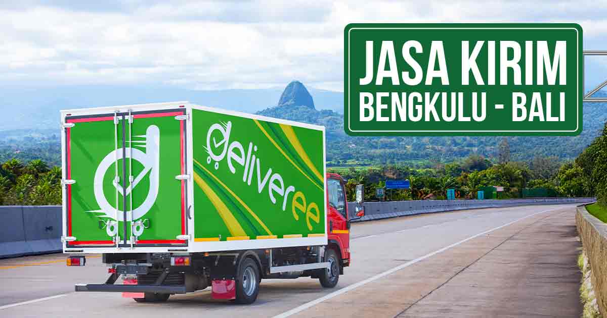 Truk Deliveree melintas di jalan tol dengan pemandangan Bukit Kendis Bengkulu di belakangnya, terdapat tulisan “Jasa Kirim Bengkulu Bali” di kanan atas.