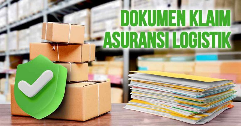 Tumpukan kardus dengan perisai di depannya dan dokumen di sampingnya sebagai ilustrasi “dokumen asuransi logistik”.