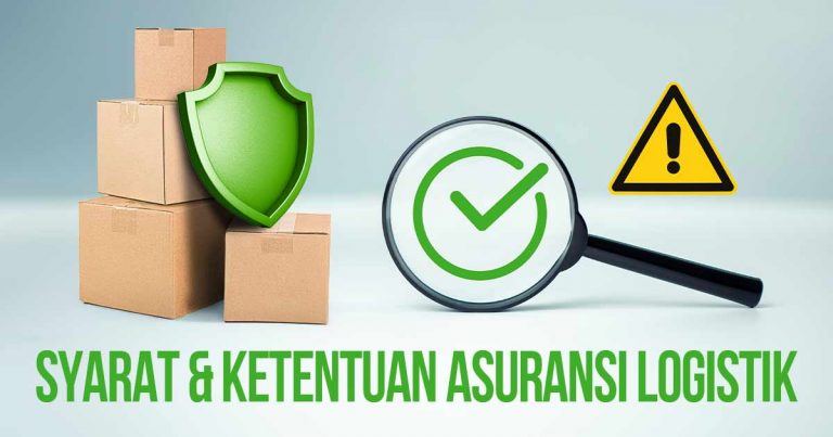 Tumpukan kardus dengan perisai, kaca pembesar, dan tanda peringatan sebagai ilustrasi membaca syarat dan ketentuan asuransi logistik dengan teliti.