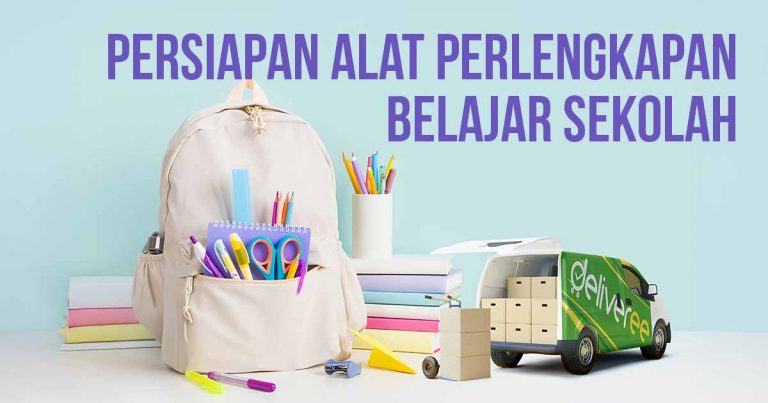 Tas sekolah, peralatan menulis, buku, dan minivan dengan kardus kardus di dalamnya sebagai ilustrasi kebutuhan alat perlengkapan belajar sekolah.