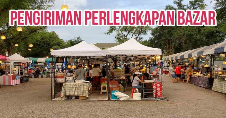 Tenda-tenda orang berjualan untuk bazar sebagai ilustrasi “Pengiriman Perlengkapan Bazar”.